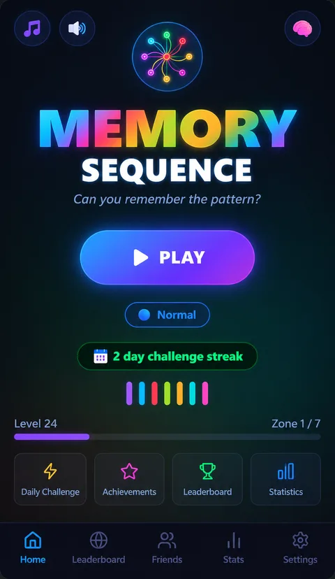 Memory Sequence home screen with Play button, level and zone progress