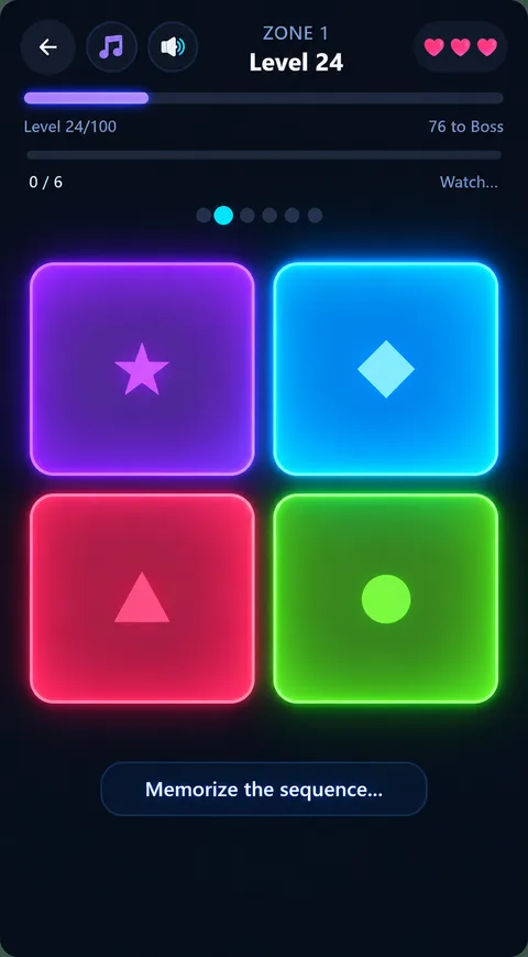 Gameplay screen showing a lit sequence of colored tiles to memorize