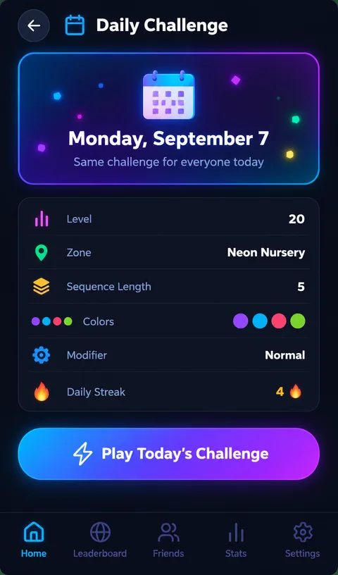 Daily Challenge screen with today's fixed sequence and streak