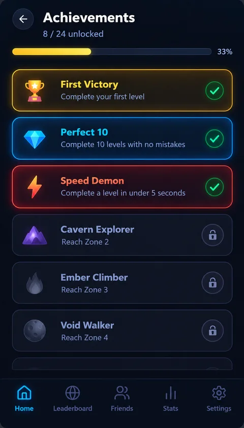 Achievements screen with unlocked and locked milestones
