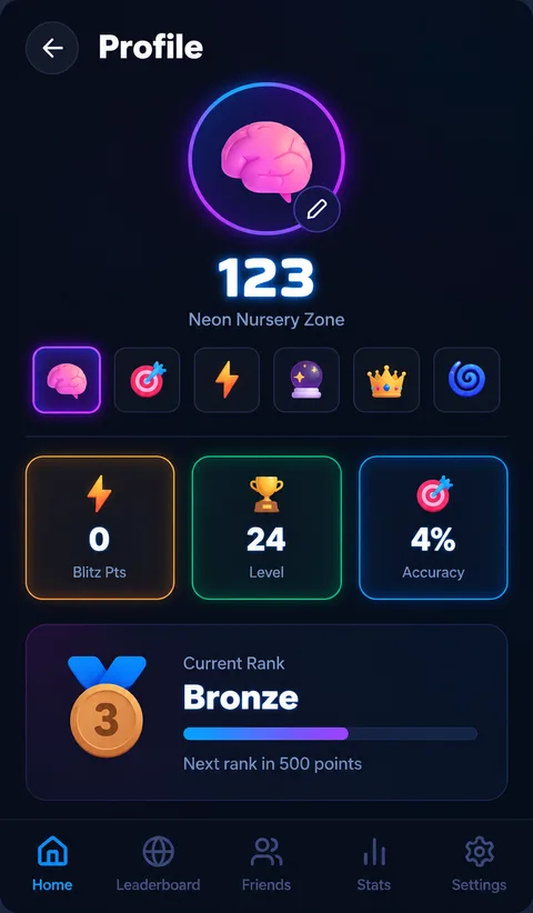 Player profile screen showing level, Blitz Points, accuracy, and rank